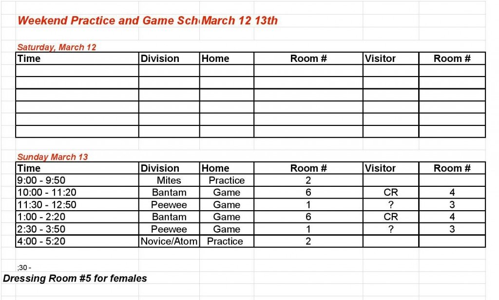 March 13th Ice Times