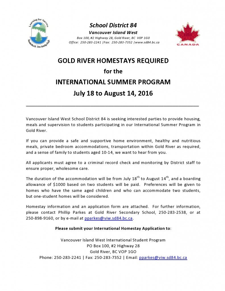 Homestays - Notice for Gold River