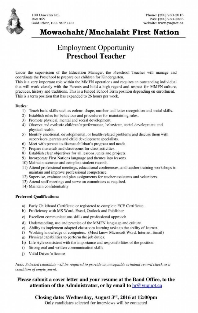 preschool teacher- Job Posting2016