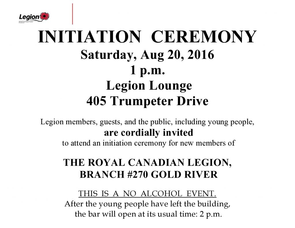 Notice of Legion Initiation Ceremony  Aug 20  2016